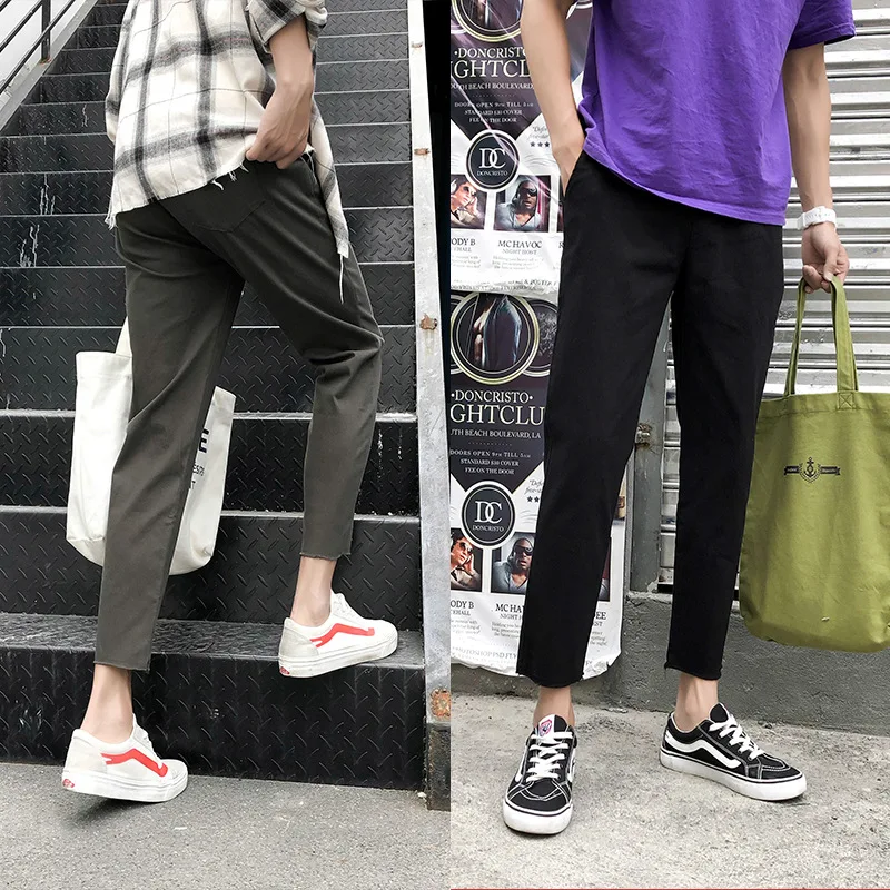 

Autumn Teenager Pants Men's Korean-style Trend Capri Pants Loose Straight Elasticity Burrs Fashion Casual Pants Men's Trousers