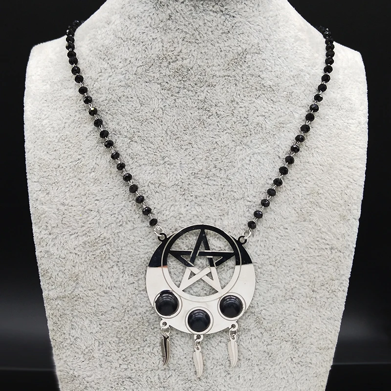 Нержавеющая сталь колдовство ожерелье для женщин перо Луна пентаграмма серебряного цвета ожерелья подвески ювелирный воротник mujer N19766