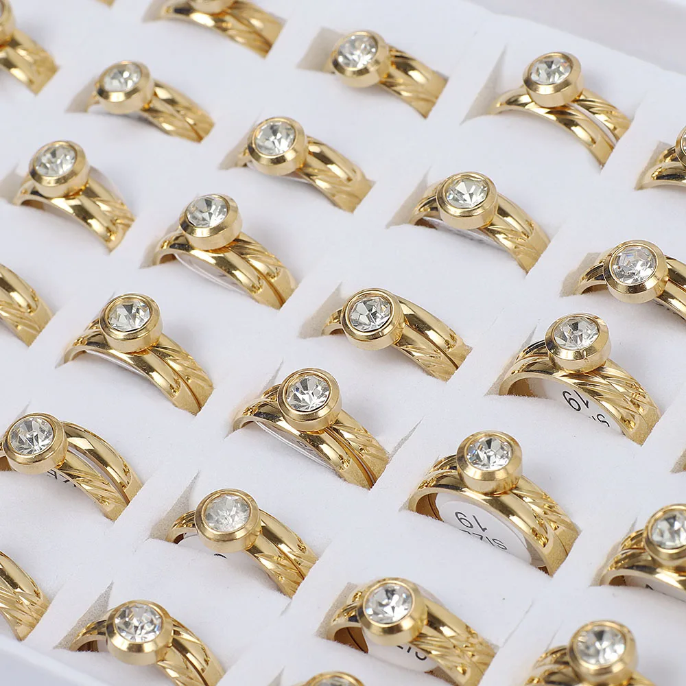 Wholesale 12Sets Cubic Zircon Stainless Steel Rings Men Women Wedding Jewelry FREE Shipping 4