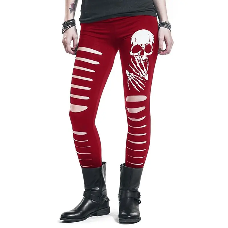 

Rosetic Women Pants Skull Print Shredded Leggings Female Gothic Pant Vintage Leggings