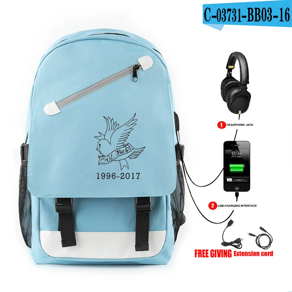 Сумки lil peep Rugzak met Usb-poort Opladen en Lock& Hoofdtelefoon interface Student Werk tas schooltas tas - Цвет: blue