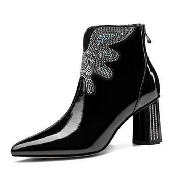 

New Women Rhinestone Genuine Leather High Heels Boots Autumn And Winter Shoes woman Wedding Ankle Boots size 41 42 43