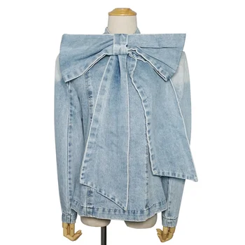 

New Autumn Women Runway Jeans Coat Tops Big Bow Stand Collar Denim Jacket Back Zipper Vintage Jackets Streetwear Button Outwear