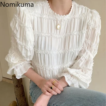

Nomikuma Temperament Elegant White Blouse Women Solid Color O Neck Full Sleeve Shirts Female Folds Design Fashion Tops 3a492