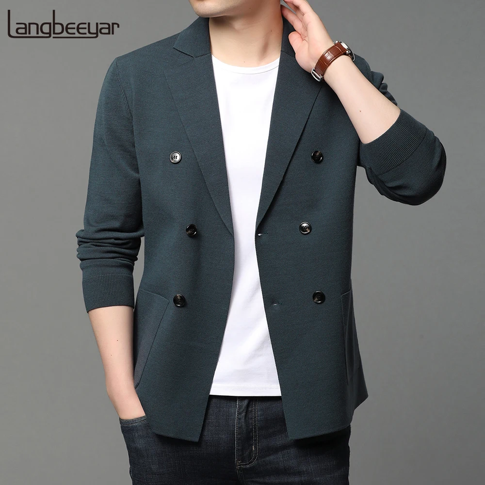 

2020 New Brand Casual Fashion Slim Fit Suits For Men Knitted Cardigan Jacket Classic Double Breasted Blazer Coats Men's Clothing