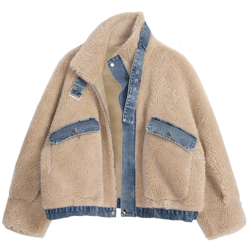 [] Loose Fit pricot Lambswool Big Size Jacket New Stand Collar Long Sleeve Women Coat Fashion Tide utumn Winter 1074 - Цвет: Apricot
