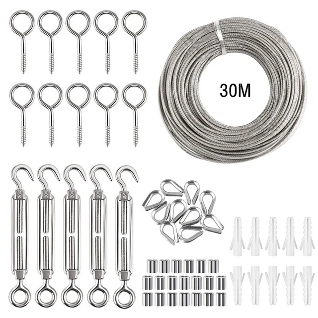 56Pcs 30M Stainless Steel Wire Rope Set Outdoor Garden PVC Coated Cable  Clothesline Hanging Kit Wire