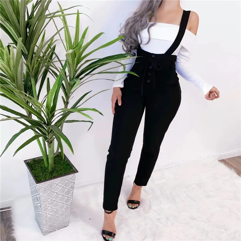 Streetwear pelele primavera y otoño pantalones de las mujeres 2019 estilo coreano Casual cintura elástica negra de la Liga Jumspuit pantalones overoles