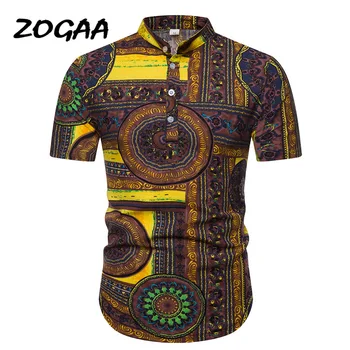

ZOGAA 2020 summer new niche pullover shirt men's casual stand collar short sleeve shirt ethnic print shirt
