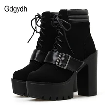 Gdgydh/Демисезонные ботинки на платформе; женская элегантная обувь на шнуровке и не сужающемся книзу массивном каблуке с ремешком на щиколотке; из флока и кожи в готическом стиле