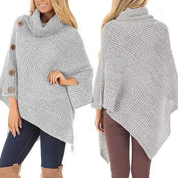 

Winter Autumn Solid Color Turtle Neck Irregular Hem Knit Poncho Pullover Sweater