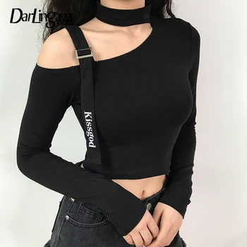 

Darlingaga Asymmetrical Choker Gothic Female T-shirt Halter Top Fashion Cropped Tops Tees Buckle Slim Long Sleeve Tshirt Clothes