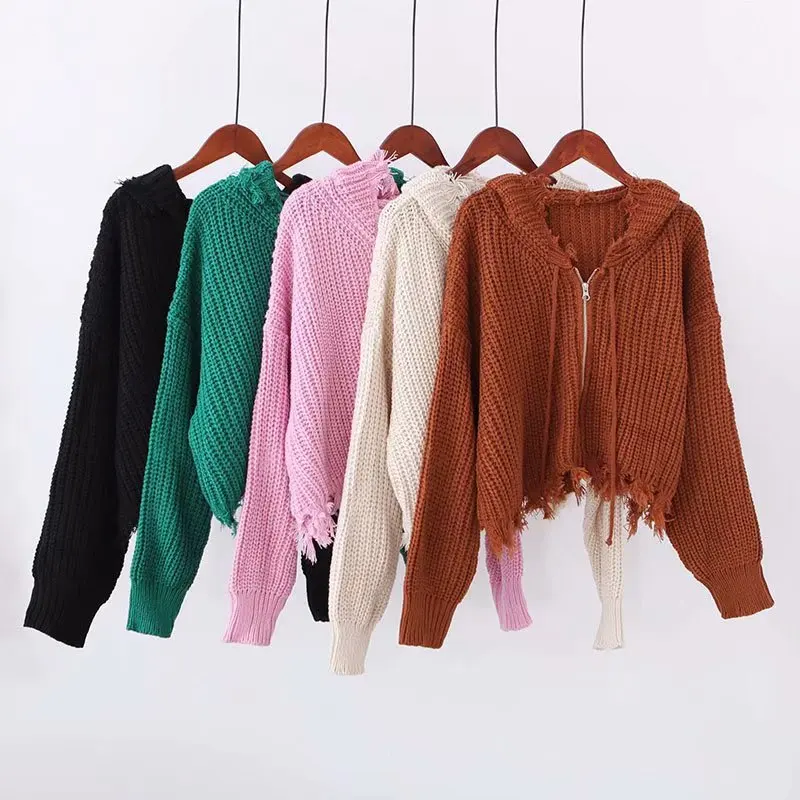 Western Style-New Products Tassels Flash Irregular Sweater Hooded Zipper Sweater Short Long-sleeved Coat