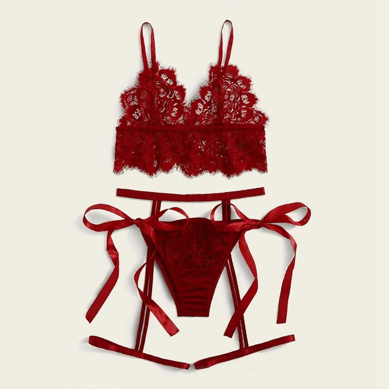 3 Pcs Women Lace Lingerie Suits Sexy Adjustable Spaghetti Strap Bra