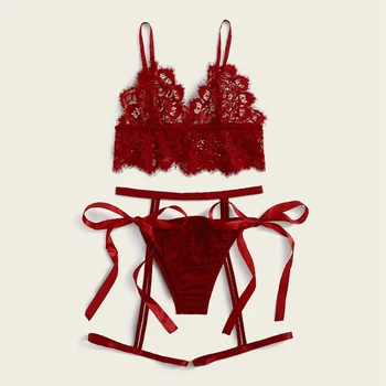 

3 Pcs Women Lace Lingerie Suits Sexy Adjustable Spaghetti Strap Bra Lace-up Panties with Garter