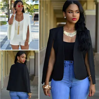 

Fashion Cloak Cape Women Coat White Black Lapel Split Long Sleeve Pockets Solid Casual Suit Jacket Workwear
