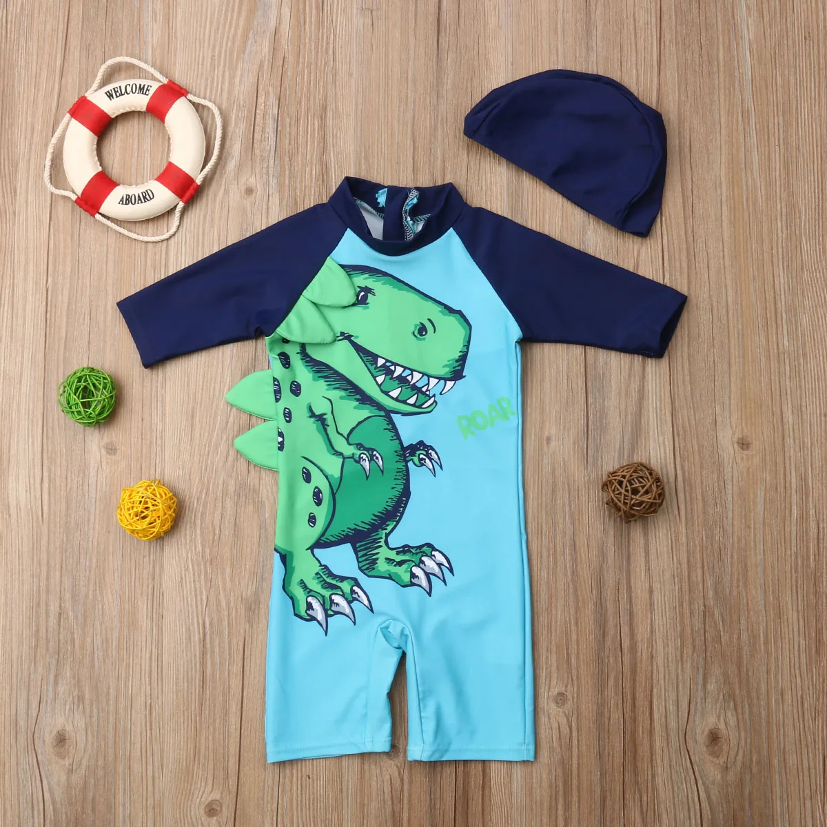 Лидер продаж, британский летний пляжный купальный костюм с динозавром из мультфильма для маленьких мальчиков, быстросохнущие цельные купальные костюмы, купальники, купальные костюмы, плавки+ шляпа, комплект