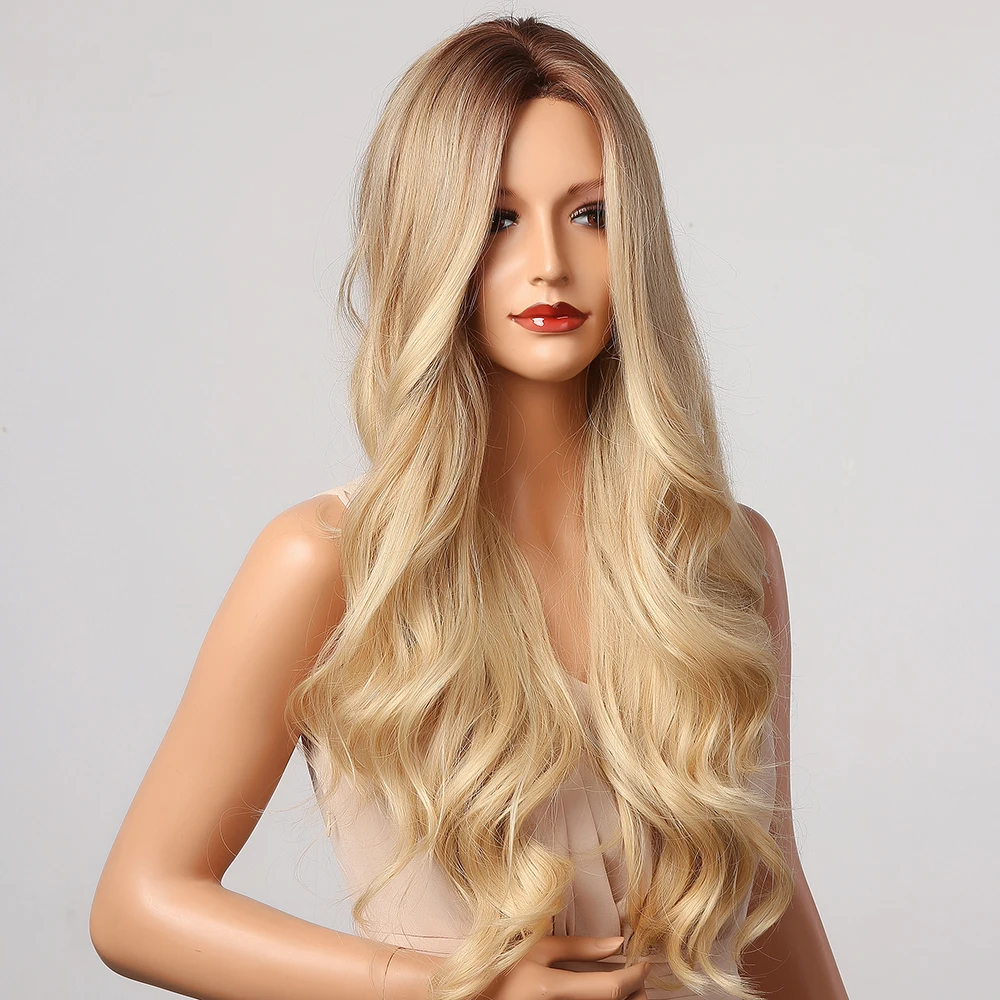 Peruca para as Mulheres Perucas de Cabelo Henry Margu Longo Ondulado Loira Marrom Ombre Sintético Natural Cosplay Parte Média Alta Temperatura 12 Apliques e perucas