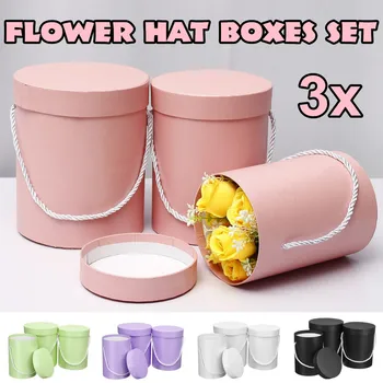 

3 Pcs/Set Round Flower Paper Boxes With Lid Hug Bucket Florist Gift Packaging Box Home Wedding Decorations Flower Bouquet Holder