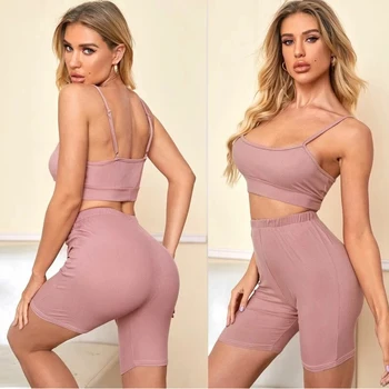 

Two Pieces Set Pajamas Women Casual Cotton Soft Fabric Slim Solid Camisole Summer High Waist Stretchy Shorts Homewear Suits
