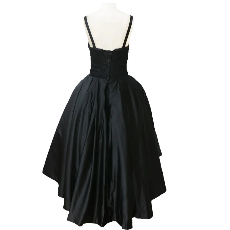 Sexy-Black-High-Low-Satin-Prom-Gowns-Deep-V-Neck-Spaghetti-Strap-Empire-Mid-Calf-Length (2)