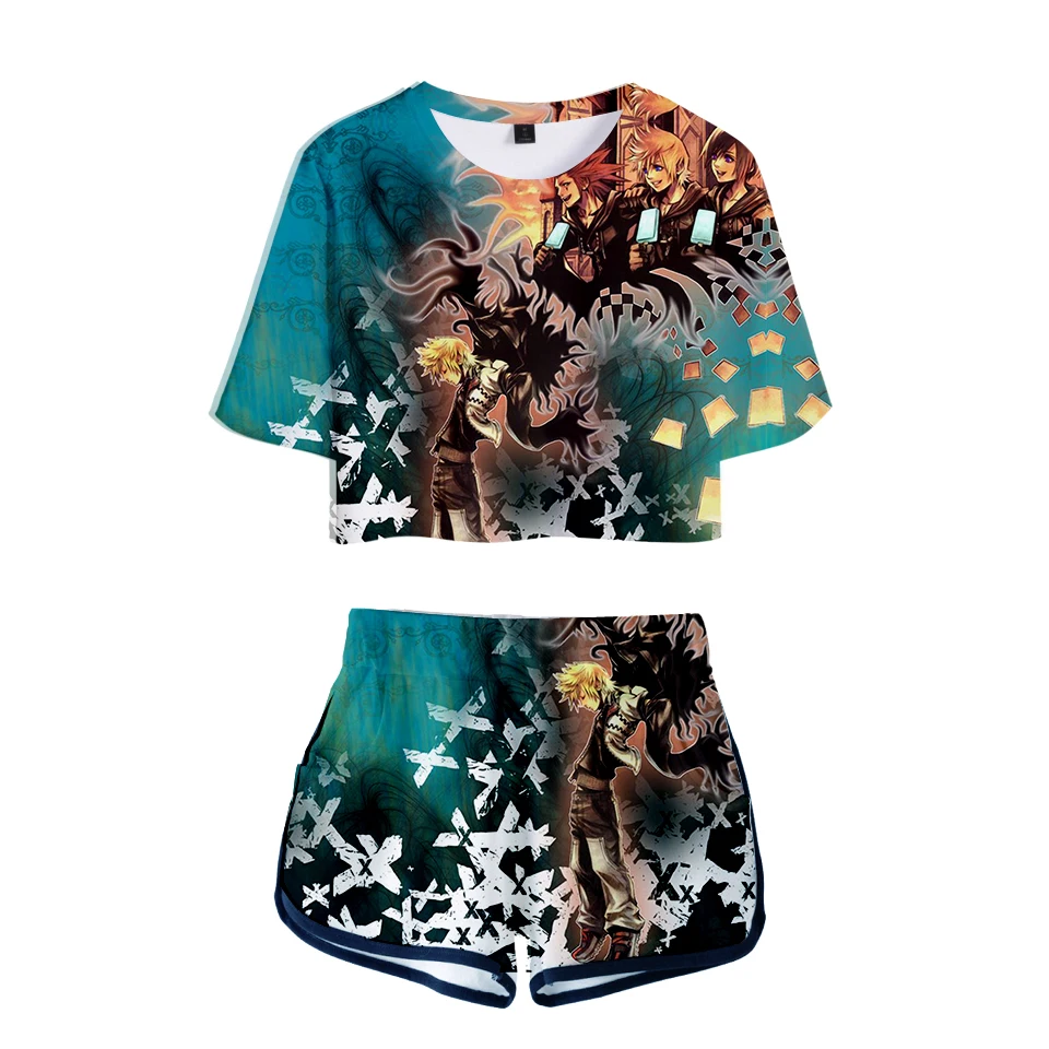 Футболки с принтом «Kingdom Hearts Midriff», шорты, комплекты для женщин,, лето, аниме, крутой сексуальный костюм, милые женские модные хип-хоп 3D костюмы для девочек - Цвет: Синий