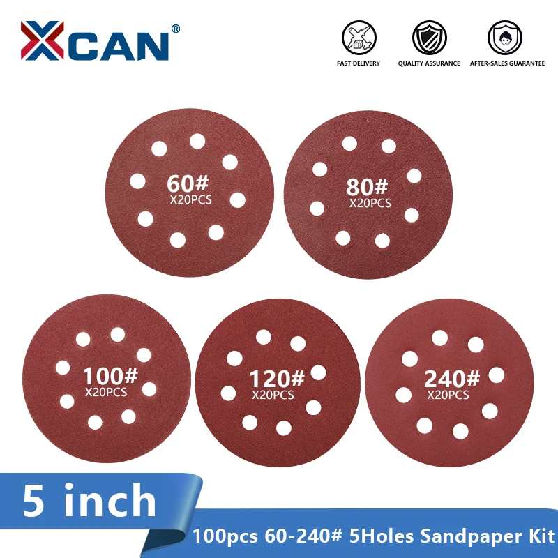 

XCAN Sandpaper 100pcs 125mm Round Shape Sanding Disc Hook Loop Sanding Paper Buffing Sheet Sandpaper 8 Hole Sander Polishing Pad