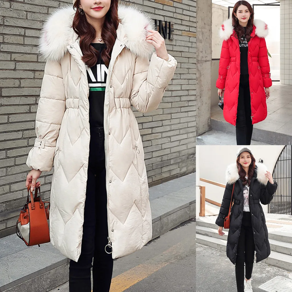 Новая осенне-зимняя куртка женская парка пальто плюс размер Длинные куртки с хлопковой подкладкой модные пальто с капюшоном из искусственного меха Верхняя одежда#810