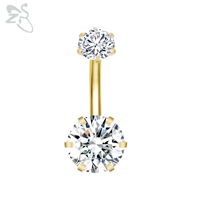 ZS 1 Piece Gold Color Stainless Steel Belly Ring Flower Heart CZ Crystal Navel Belly Button Rings Butterfly Navel Piercings 14G Style 4