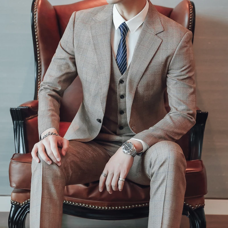 Autumn Winter Fashion Men Plaid Suit Size XXXL 4XL 5XL Mens Suit Jacket + Pants + Vest High Quality Slim Fit Men Wedding Suits
