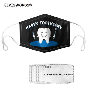 

ELVISWORDS Cute Cartoon Dentist/Tooth Print Unisex Mask Black Mouth Face Mask Dustproof Reusable mascarilla 7 Filters PM2.5 2020