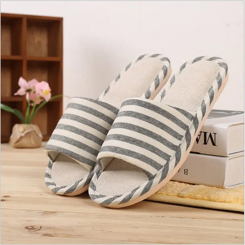 

Hemp Striped Women/men Couples Home Slipper For Indoor House Bedroom Flats Comfortable Spring Autumn Shoes
