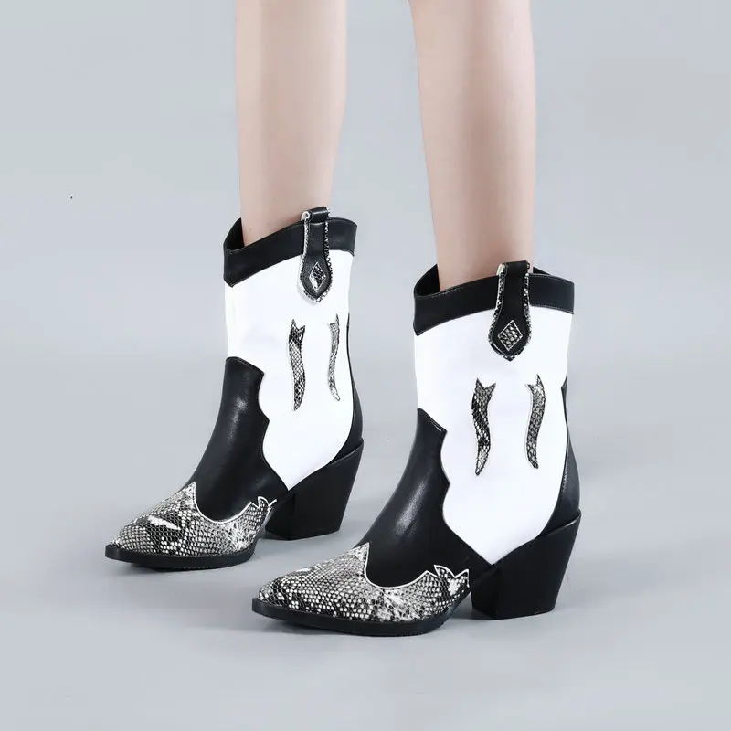 

Black Wihte Autumn Boots Women High Heel Ankle Boots Fashion Pointed Toe Woman Boots Winter Western Boots 2019 New Female Shoes