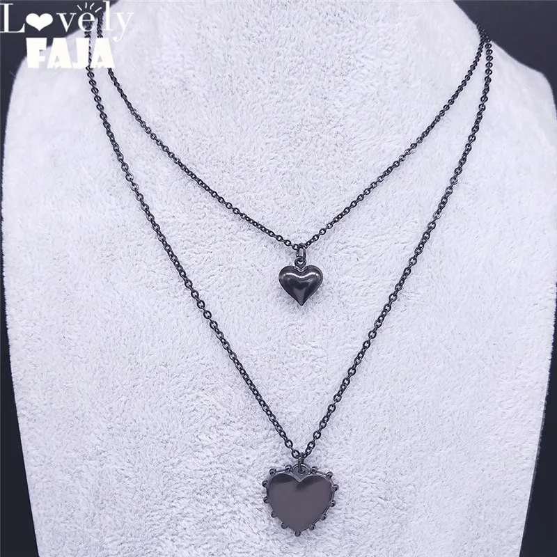 2 PCS Gothic Double Layer Heart Stainless Steel Pendant Necklace Women Black Color Statement Jewelry collier NK47S03 | Украшения и