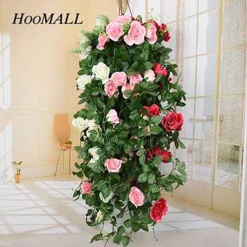 

90cm Fake Silk Roses Rattan Hanging Garland Vine Artificial Flowers Green Leaves DIY Craft Home Wedding Decoration
