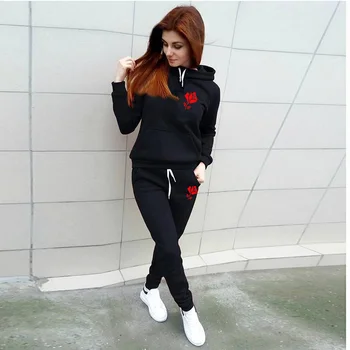 

Autumn and winter long-sleeved thick hooded sweatshirt + sweatpants casual sports suit women's hooded sportswear 2-piece set
