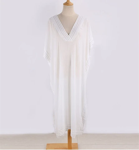Solid Women Swimwear Beach Cover Up Plus Size White Bikini Cover Up V Neck Boho Dress Pareos De Playa Saida De Praia