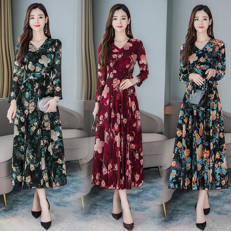 

2019 Fashion New Style Dress Women's Autumn Chiffon Floral Ladies Mid-length Slim Fit Autumn Long Sleeve Skirt