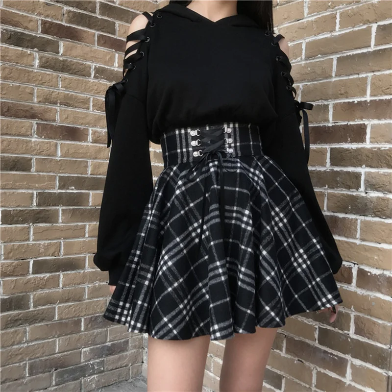 Promo Wool Skirts Short Mini Tutu Plaid Lace-Up Gothic Lolita High-Waisted Winter Qiukichonson LWyj879EN