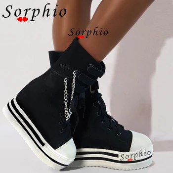 

Sorphio New Fashion Chains Decorating High Boots Women 2020 lace-up Platform High Top Ankle Boots Height Increasing Shoes Woman