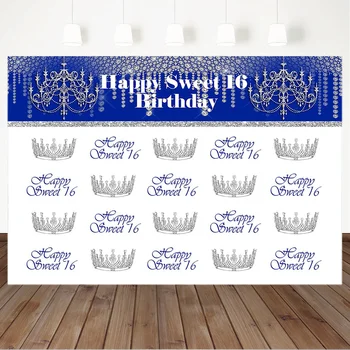 

Happy Sweet 16 Birthday Photography Background Royal Blue Flash Silver Crown Backdrop Sixteenth Birthday Photo Background