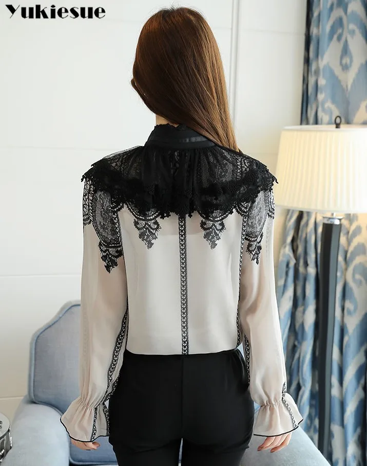  2019 new women tops fashion long sleeved blouses stand chiffon lace patchwork shirts office lady fl
