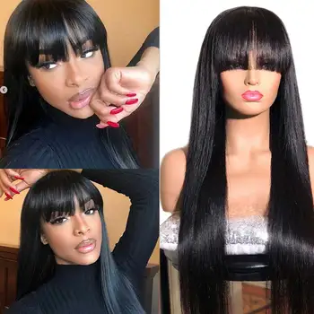 

28 26 Inches Straight Human Hair Wigs With Bangs Straight Short Bob Wig With Bangs Full Machine Made Remy Brazilian Hair Wigs