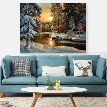 HUACAN Cross Stitch Embroidery Snow Tree Scenery Cotton Thread Painting DIY Needlework  Kits 14CT Winter Home Decoration 1