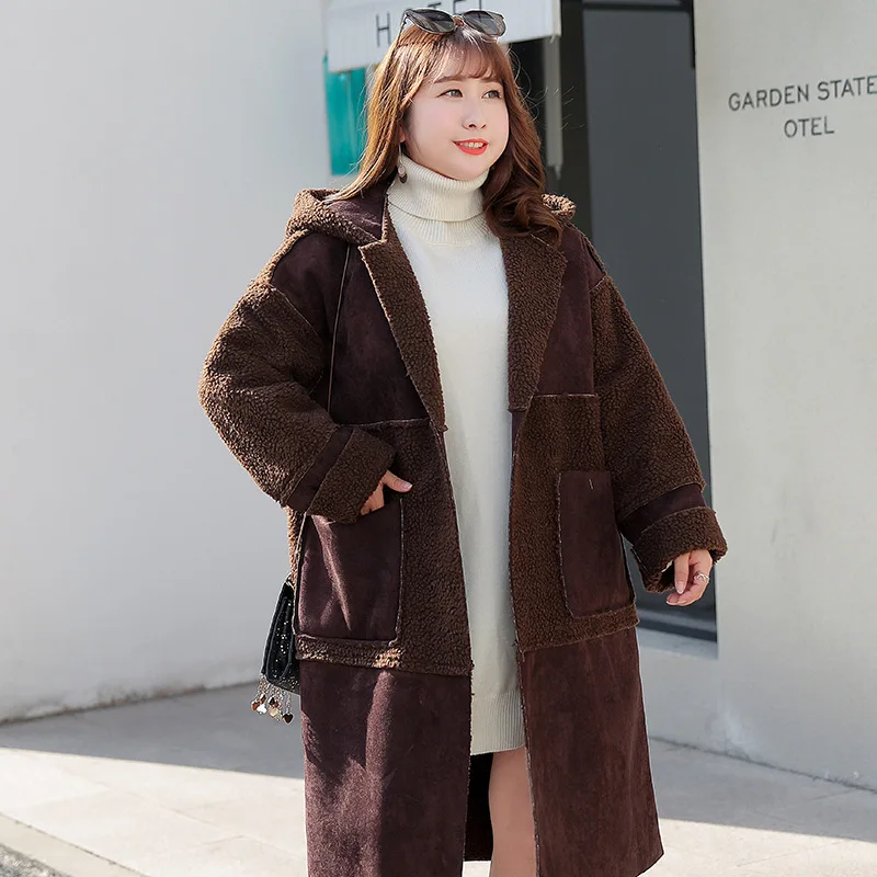 

Winter Korean Clothes Women Large Fur Coat Autumn Simplified Thickened One Piece Fur Jacket Solid Color Stitching Hooded Wool