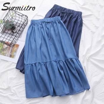

Surmiitro Denim Midi Skirt Women 2020 Summer Korean Elegant Blue Color Lace Up High Waist Sun School Long Skirt Female