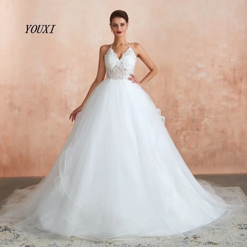 

YOUXI Wedding Dress 2019 Ball Gowns Appliques Lace Sequined Halter Backless Weding Bride Robe de Mariee