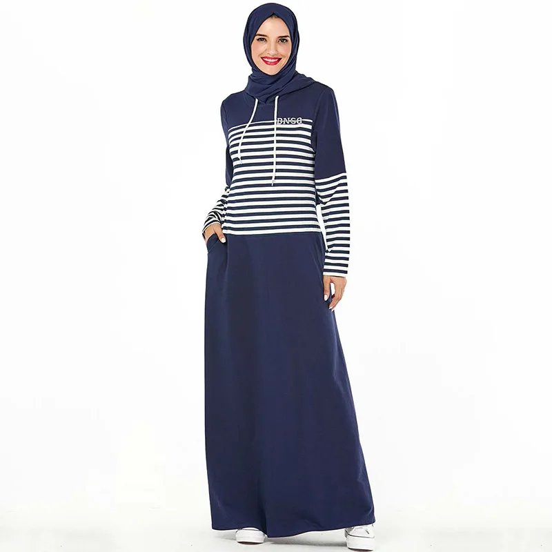 Модный свитер в полоску с капюшоном и карманами для Ближнего Востока, дубайское мусульманское арабское платье большого размера, платье с длинными рукавами