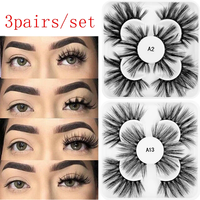 

3 Pairs Soft 3D Mink False Eyelashes Dramatic Long Fluffy Wispy Lash Extension Natural Volume Handmade Fake Eyelash Makeup