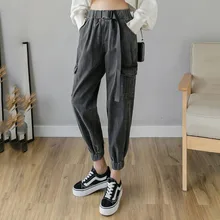 Осенние новые корейские карго Джинсы женские с высокой талией шаровары для женщин размера плюс свободные модные джинсы женские джинсовые джинсы